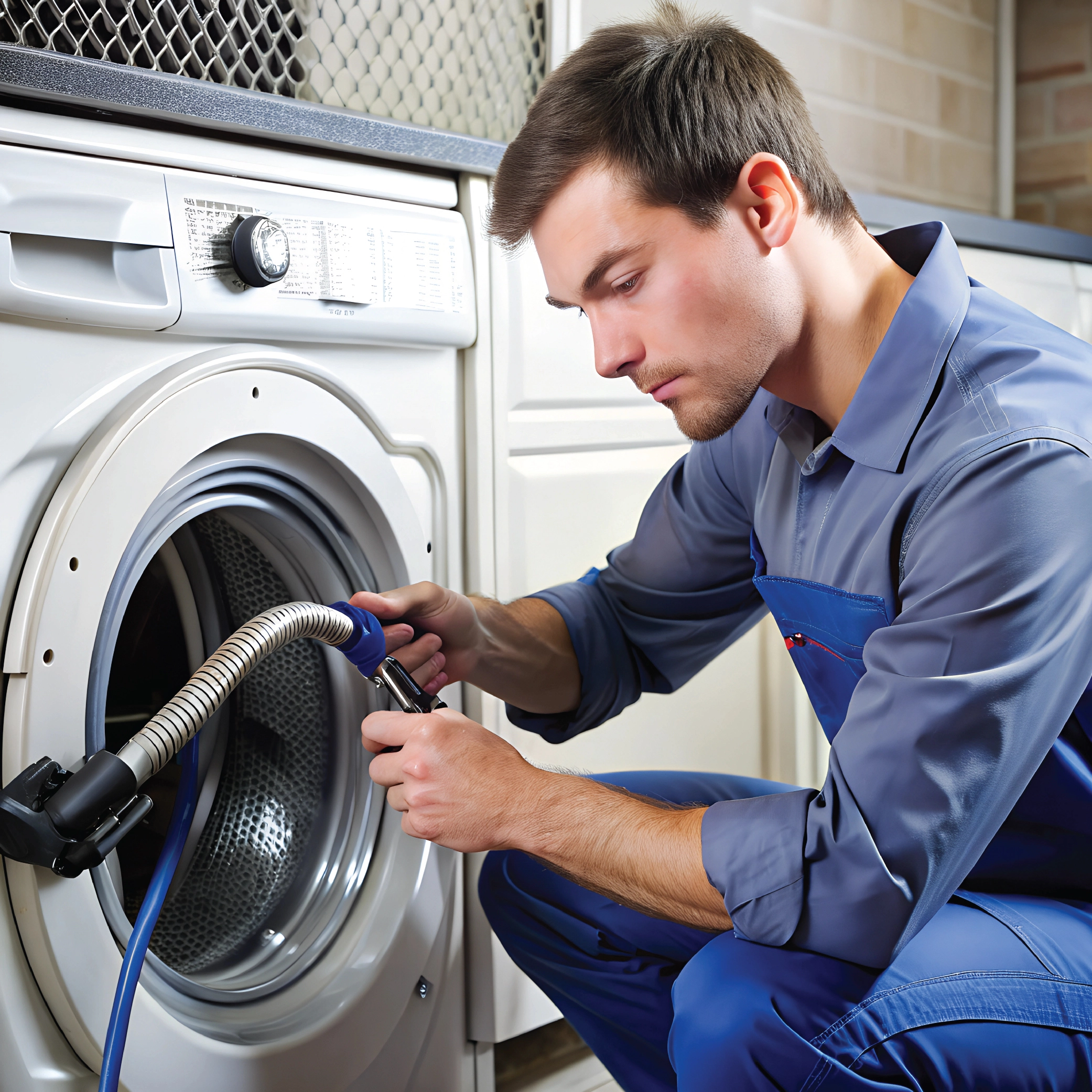 a mechanic is repairing a washer dryer combo