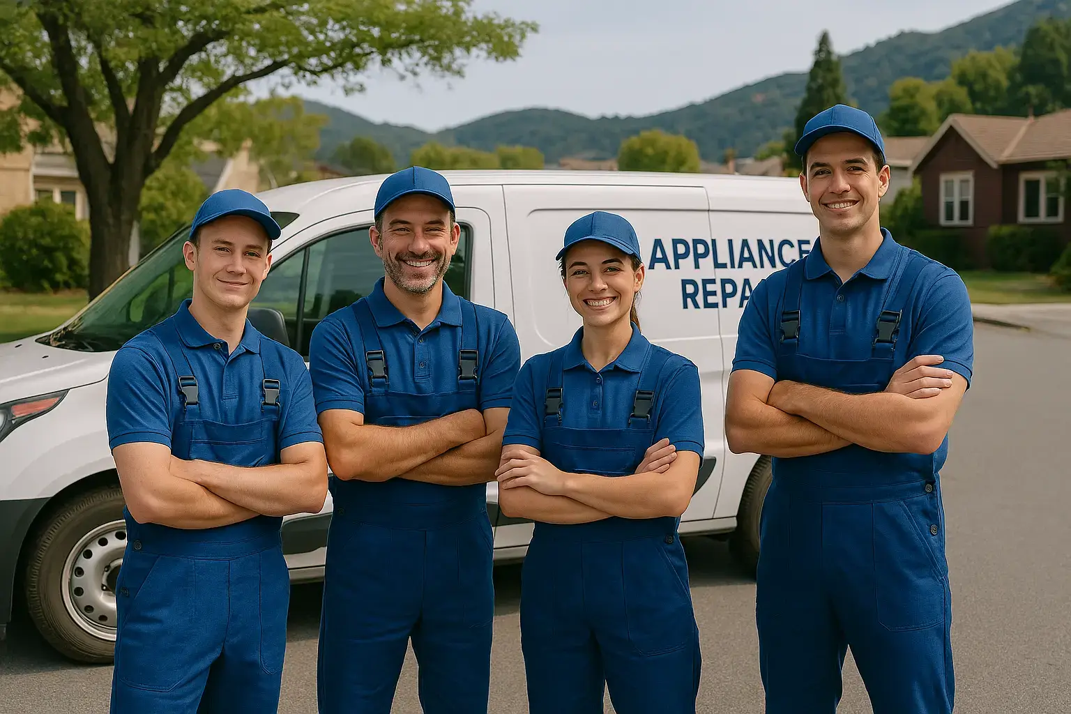 A team of appliance repair technicians looking confident, ideally in blue matching uniforms, standing in a friendly yet professional pose in front of an appliance repair company's van on the street
