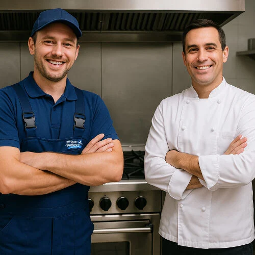 our technician with a business owner of oven