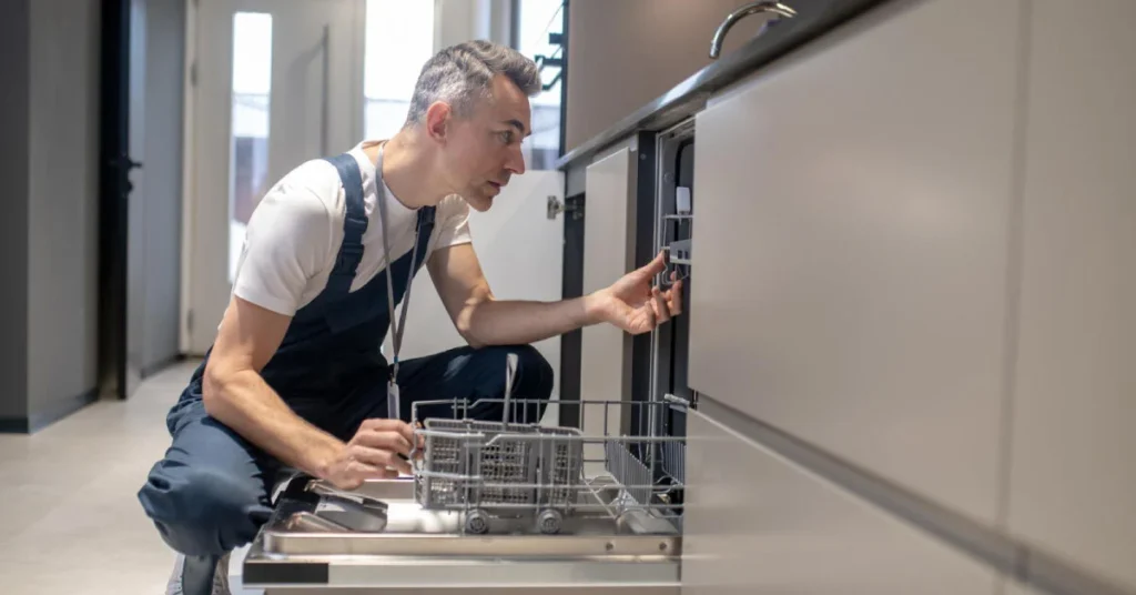A professional technician is repairing a dishwasher