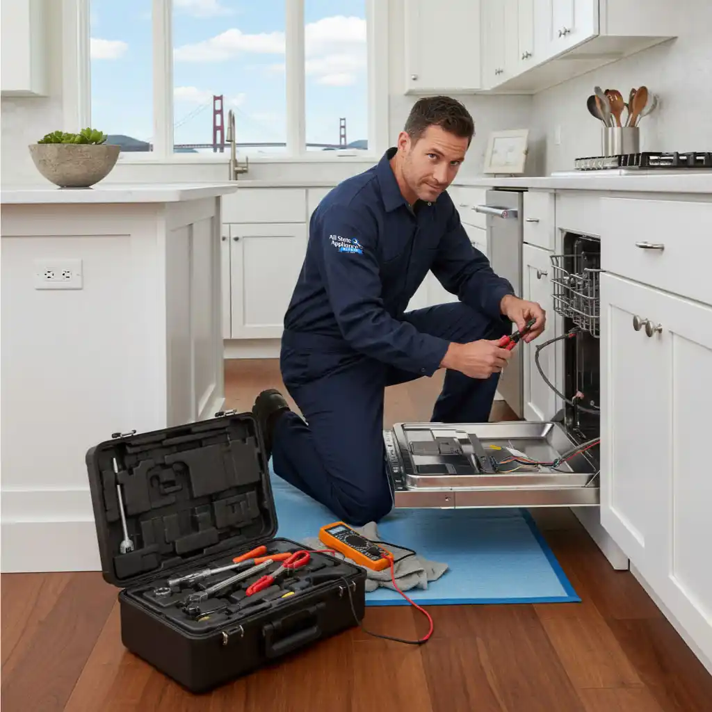 A technician from All State Appliance Repair is repairing a dishwasher in San Francisco kitchen.