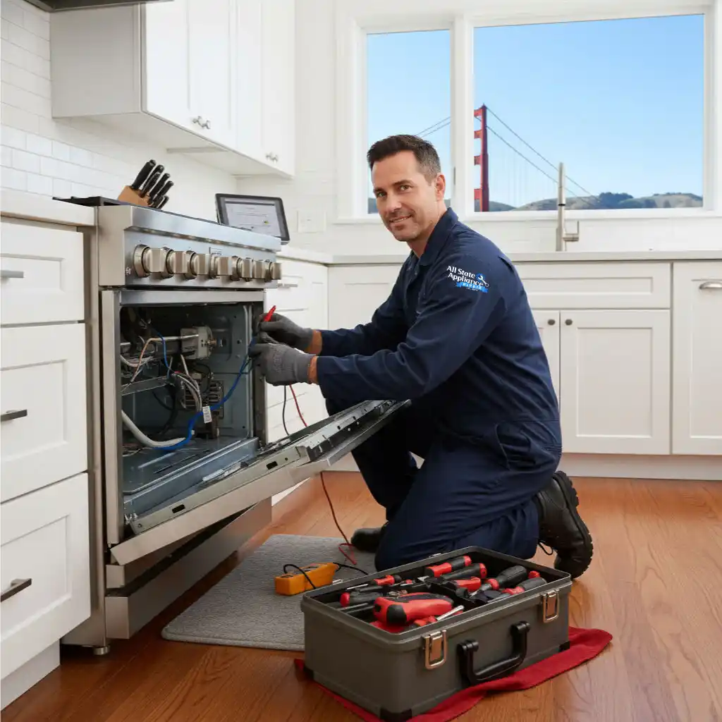 An expert and experienced technician from All State Appliance Repair company is repairing a Range or stove in a kitchen that belongs to a San Francisco home.