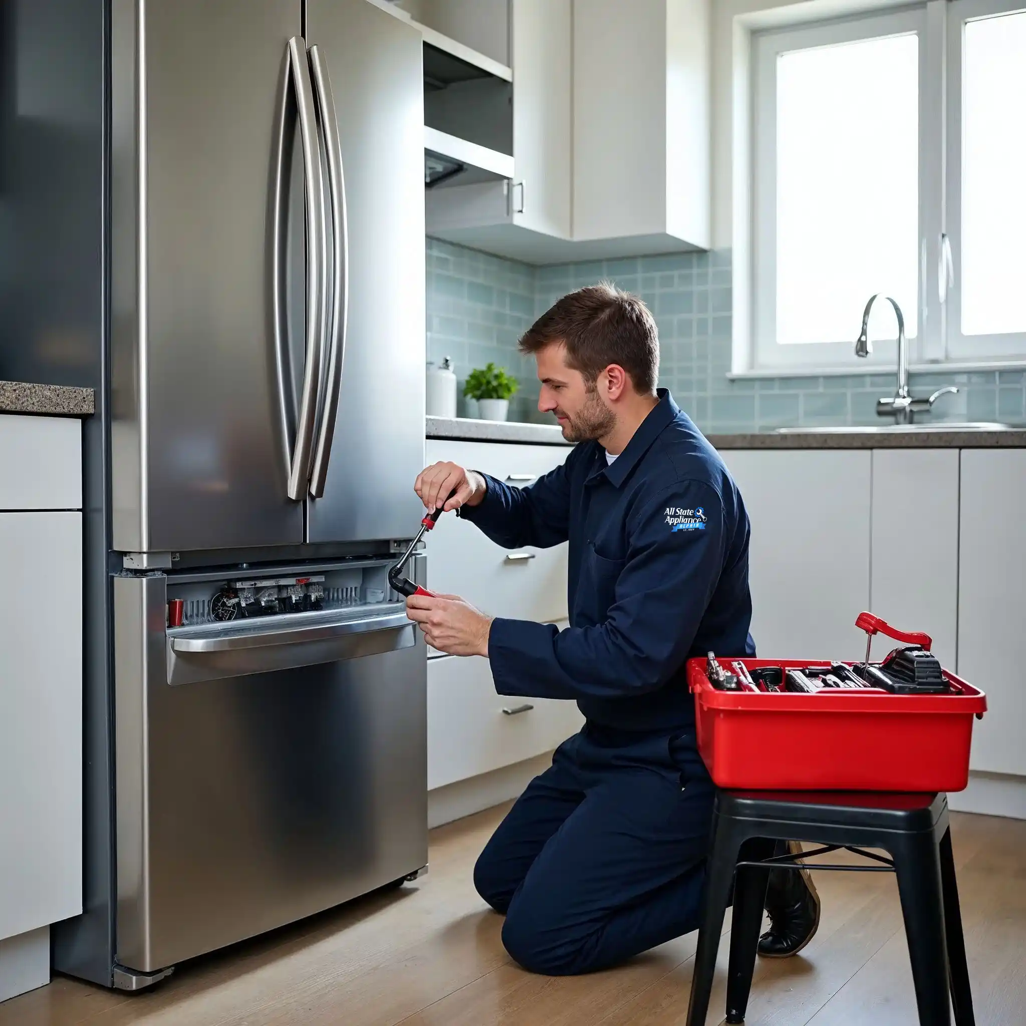 An expert technician from All State Appliance Repair is repairing a refrigerator in San Francisco resident