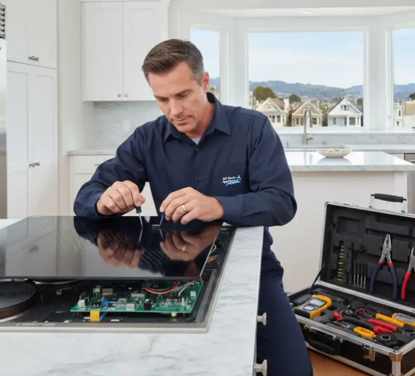 A professional technician from the appliance repair company All State Appliance Repair in Repairing a Viking cooktop in a San Francisco resident.