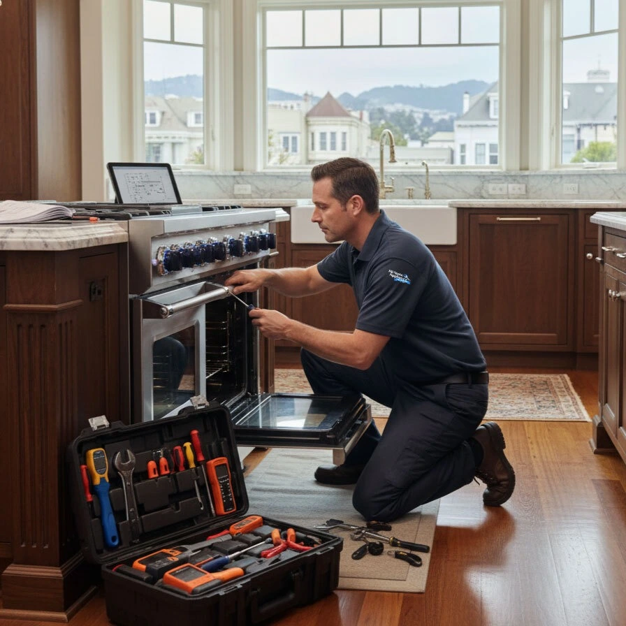 An appliance repair technician repair a Viking range in a luxury San Francisco, California home.