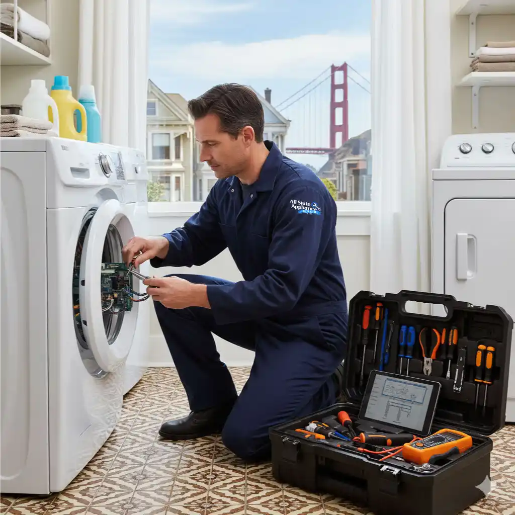An expert technician from All State Appliance Repair is repairing a washer in San Francisco